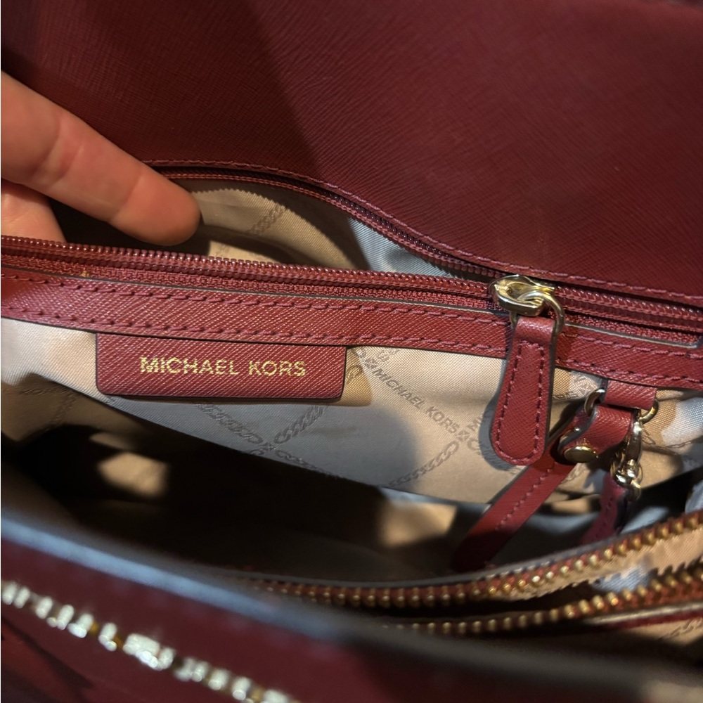 Michael Kors Dillon Large Saffiano Leather Satchel red burgundy leather purse - Picture 6 of 9